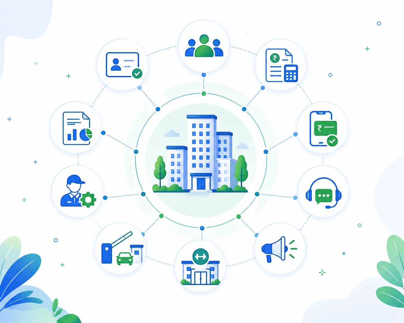 Housing society software services illustration with member, billing and security management