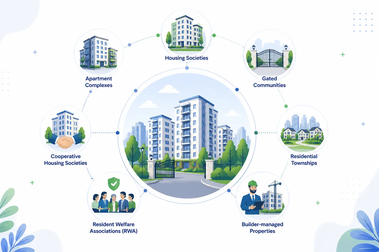 Types of residential properties using society management software including RWA and cooperative housing