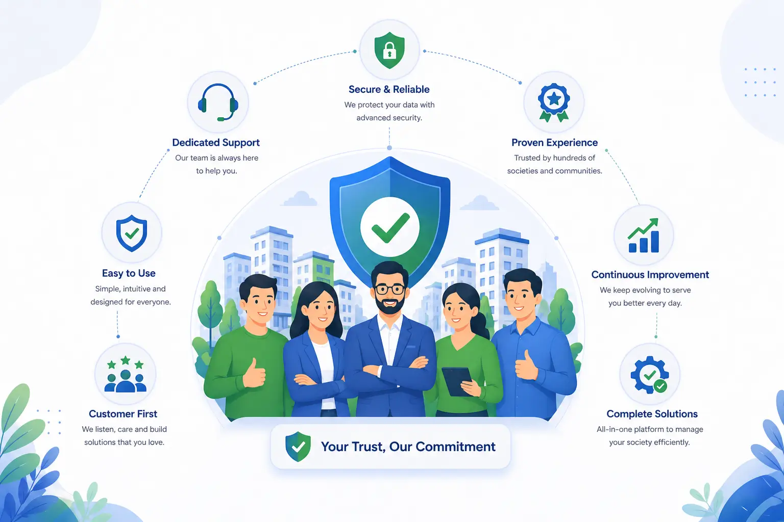 Illustration of secure and reliable society management software with support, automation and trusted community features